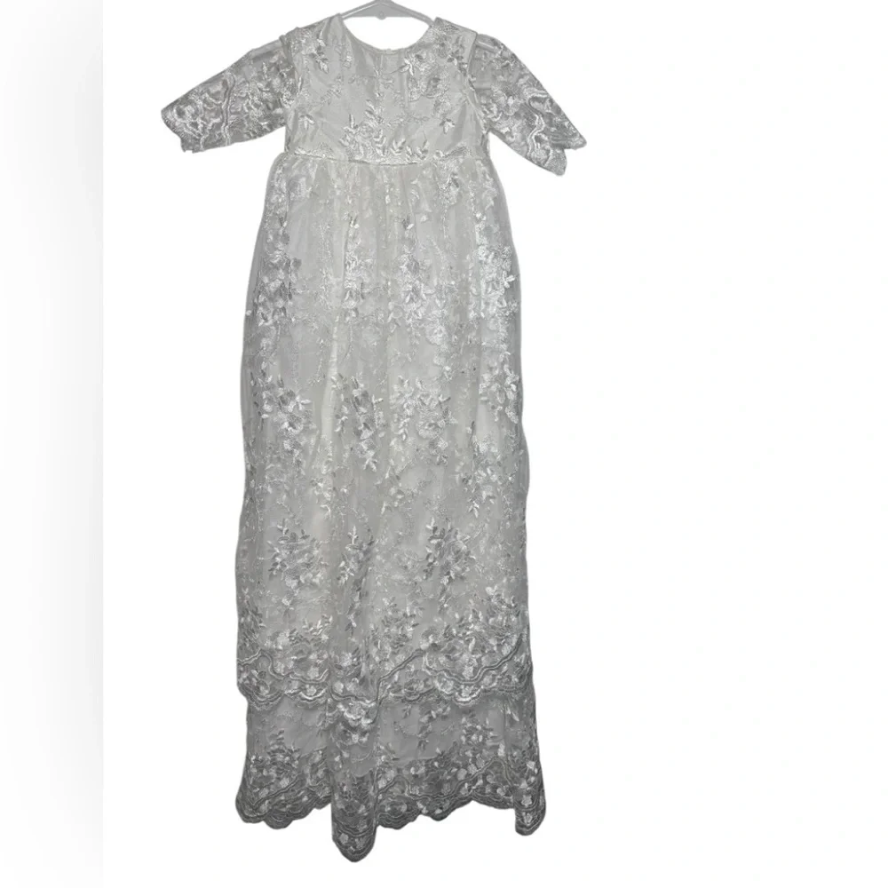 White Floral Lace Christening Gown Silver‎ Metallic Embroidery Baptism Dress